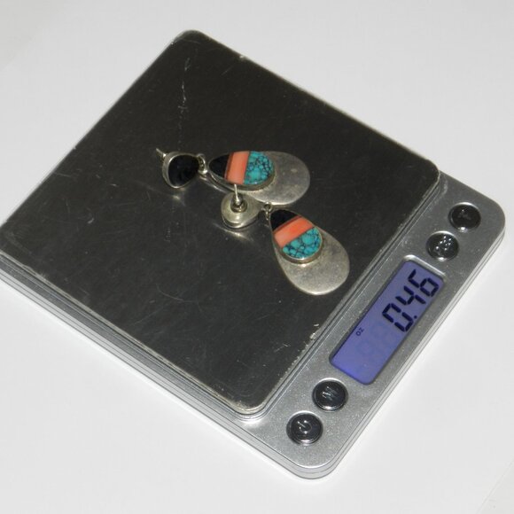 Navajo John Charley Silver 925 - Turquoise Lapis Inlay Earrings 13.3g - Picture 3 of 11